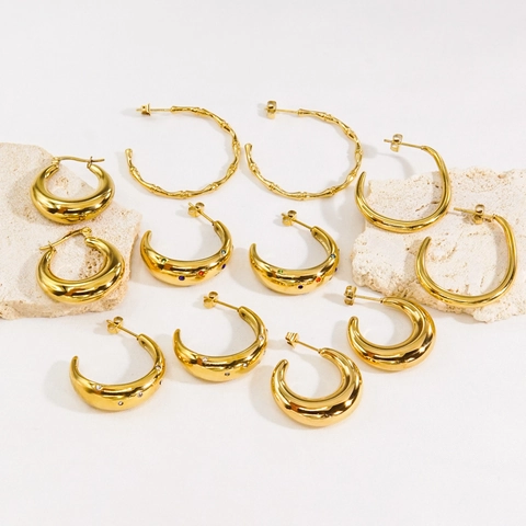 Luxury Stainless Steel Rhinestone C-Shaped Hoop Earrings For Women Gold Plated Hollow Tube Bamboo Texture Geometric Jewelry