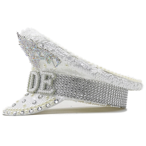 Cappello Da Capitano Sposa Bianco Perla Artificial Strass Paillettes Militare Addio Al Nubilato Festa Festival Berretto