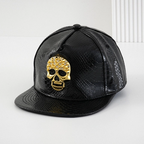 Berretto da Baseball in Pelle PU Hip Hop Con Teschio di Strass Fantasia 3D Pelle di Serpente Cappello Snapback per Uomo Donna