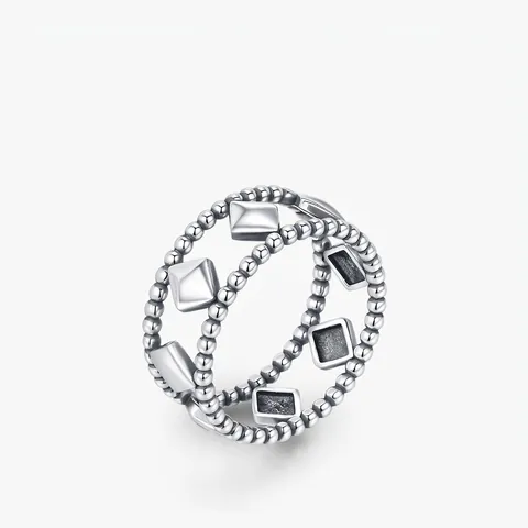 925 Sterling Zilveren Ring Voor Dames Vintage Geometrisch Ruitpatroon Dubbele Kralenrand Minimalistische Sieraden