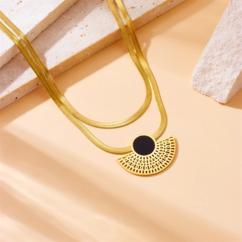Stainless Steel Jewelry Gold Fan Shape Hollow Black Inlay Double Snake Chain Necklace Earrings Adjustable Ring Women