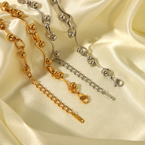 Collana A Barra Geometrica Ondulata In Acciaio Inossidabile Perle Tonde In Metallo Gioielli Minimalisti Industriali Lucidi