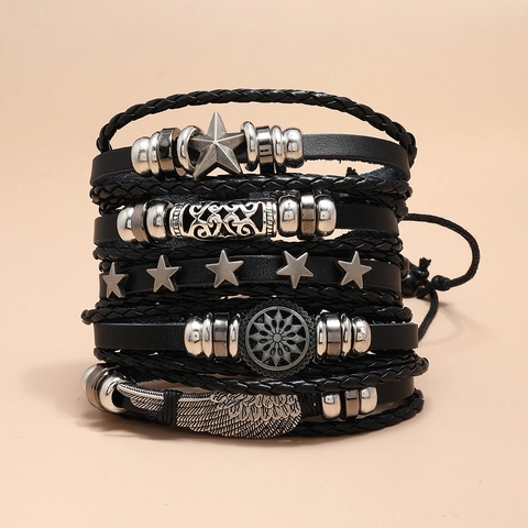 Punk Retro Multilayer Leather Bracelet Braided Wax Cord Alloy Wing Star Charms Wood Beads Adjustable Handband For Men