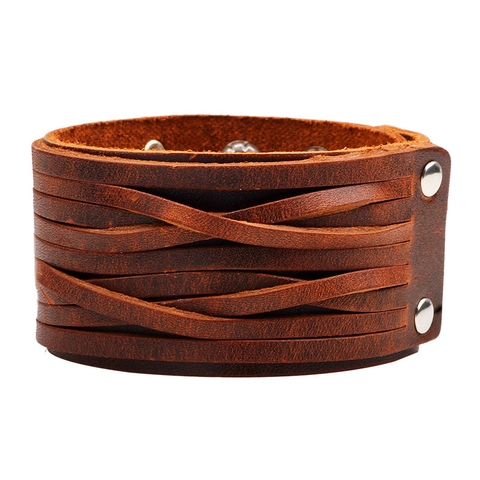 Men Geflochtenes Lederarmband Breit Punk Rock Armband Mit Metall Druckknöpfen Verstellbar Retro Echtes Rindsleder