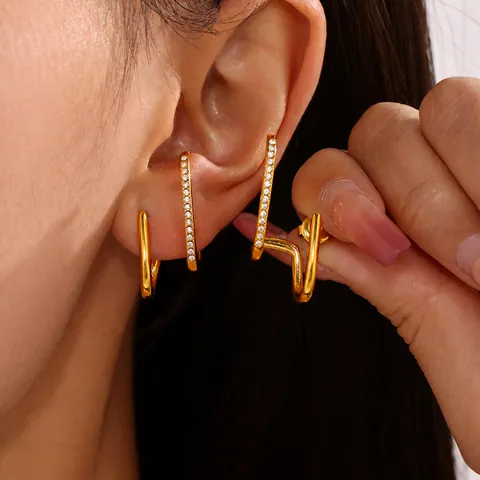 Stainless Steel Geometric Earrings Zircon Inlaid J Shape Ear Bone Clips Minimalist Fashion Jewelry For Women