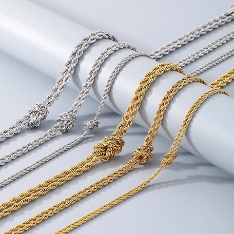 Vintage Double Layer Rope Chain Necklace Stainless Steel Twisted Knot Design Minimalist Jewelry For Women Men Gift