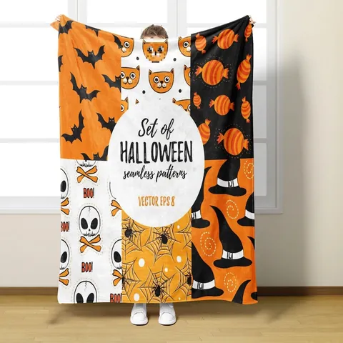 Coperta In Flanella Halloween Zucca Fantasma Pipistrello Stampata Morbida Calda Per Divano Letto Decorazione