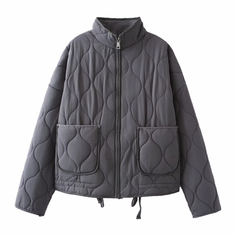 Women Quilted Padded Jacket Stand Collar Zipper Warm Outerwear Large Pockets Solid Color Casual Polyester Cotton Coat