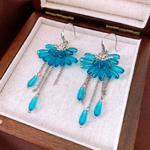 Boucles D'oreilles Bohèmes En Cristal À Pampilles En Forme D'éventail Avec Base En Cuivre Zircon Cluster De Fleurs Franges