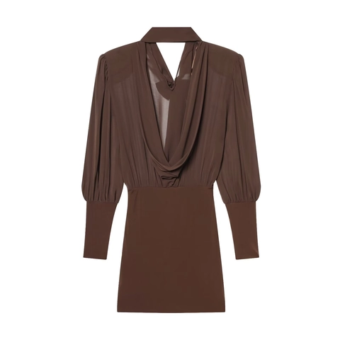 Elegant Coffee Chiffon Patchwork Bodycon Mini Dress For Women Bow Tie Collar Lantern Long Sleeve Pleated Streetwear Dress
