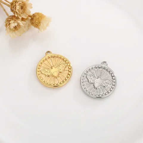 Dijes De Moneda De Abeja Redondos Acero Inoxidable Colgantes De Medallón Relieve Para Hacer Joyas DIY Collar Pulsera