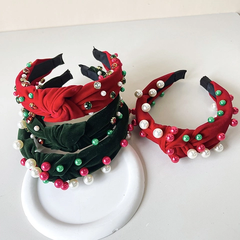 Christmas Headband Velvet Knotted Wide Hairband With Faux Artificial Pearls Rhinestones Festive Print Holiday Party Decor For Women
