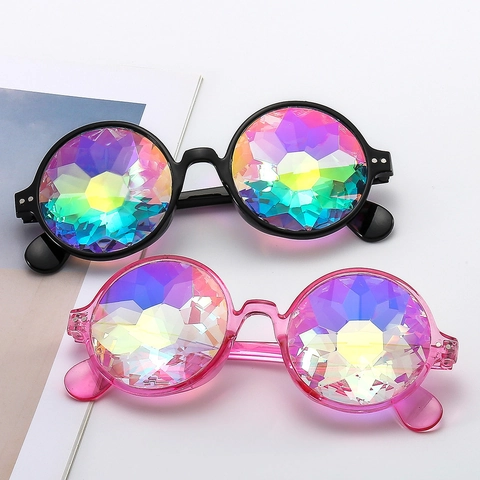 Kaleidoscope Glasses Round PC Frame Acrylic Multi Faceted Prism Sunglasses For Rave Party Music Festivals Performance
