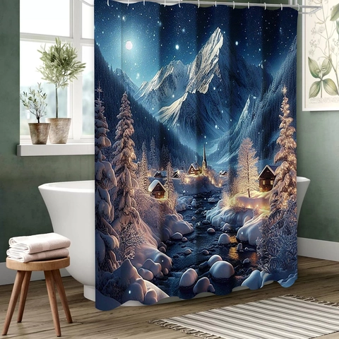 Shower Curtain Waterproof Polyester Winter Snow Scene Christmas Ornament Floral Fabric Washable For Bathroom With Hooks