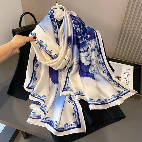 Écharpe En Satin Pour Femmes Style Chinois Rétro Imprimé Pivoine Long Châle Motif Porcelaine Bleu Et Blanc Protection Solaire
