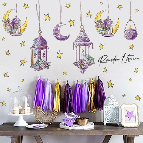 Adesivi Murali Ramadan Lanterna Viola Luna Stelle Decalcomanie PVC Rimovibili Decorazione Finestra Casa Tema Festival Medio Oriente