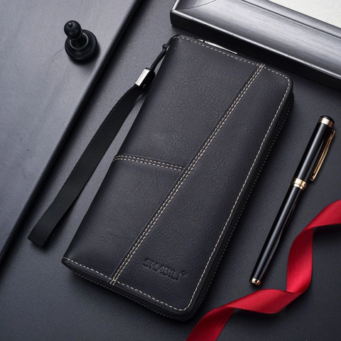 Portafoglio Lungo Uomo Pelle PU Grande Capacità Multi Slot Per Carte Pochette Con Cerniera E Cinturino Da Polso Stile Business Retrò
