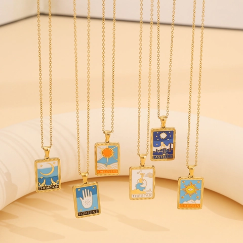 Roestvrijstalen Tarotkaart Hanger Ketting Emaille Druppelolie Geometrisch Vintage Trendy Sieraden Voor Dames