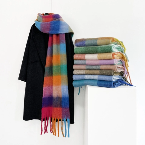 Damen Verdickter Mohair Schal Weich Karo Farblock Spleißen Warmer Winter Schultertuch Mit Langen Quasten Mode Accessoire