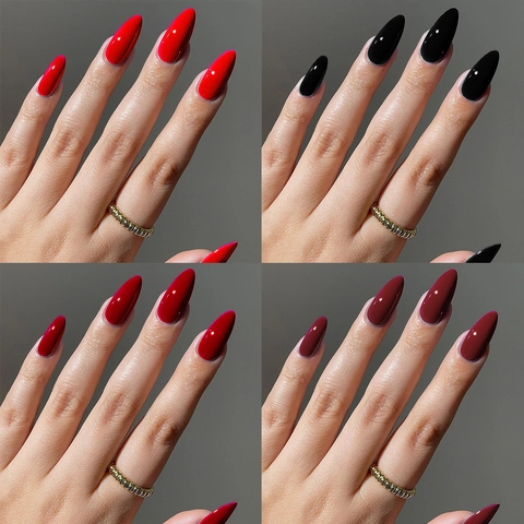 Press On Nails Long Almond Stiletto Coffin Glossy Mirror Solid Color Removable Artificial False Nails Elegant Manicure Women