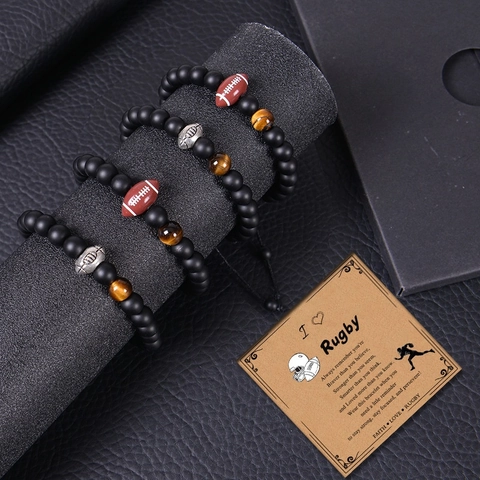 Rugby Bracelet Natural Stone Black Matte Tiger Eye Beads Braided Adjustable Sports Jewelry For Men Boys With Card