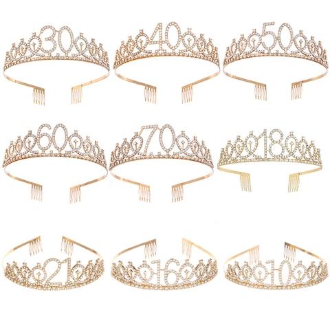 Strass Geburtstag Krone Tiara Mit Zahlen Gold Silber Roségold Legierung Stirnband Damen Mädchen Party Haarschmuck