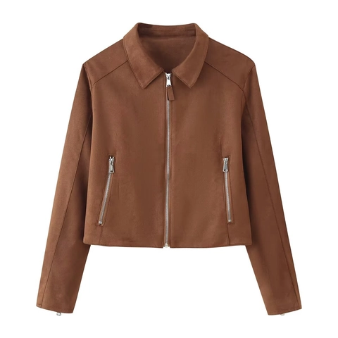 Women Faux Suede Jacket Short Coat Lapel Zipper Casual Outerwear Solid Color Long Sleeve Streetwear