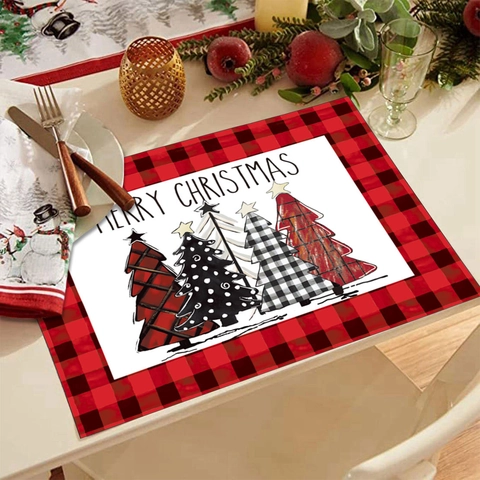 Kerst Placemats Imitatie Linnen Polyester Hittebestendig Geblokt Feestdagen Tafeldecoratie