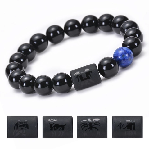 12 Constellations Natural Black Agate Tiger Eye Stone Beaded Bracelet For Men Women Zodiac Sign Elastic Charm Bracelet Jewelry Gift