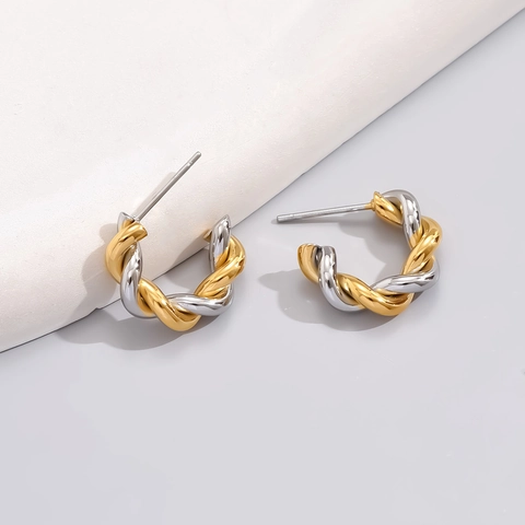 Twisted Rope Hoop Earrings 18K Gold Plated Titanium Steel C-Shape Chic Minimalist Jewelry For Women