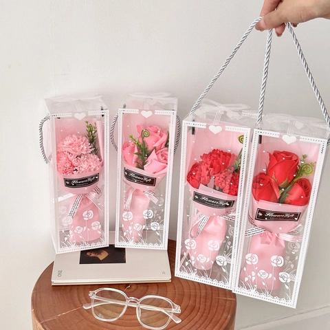 Bouquet Di Fiori Di Sapone Artificiali Confezione Regalo Rose Garofani Romantico Festa Della Mamma San Valentino Imballaggio Trasparente