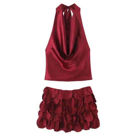 Top Halter Sin Espalda De Satén Y Minifalda De Pétalos 3D Cuello Desbocado Ropa De Fiesta Brillante Para Mujeres