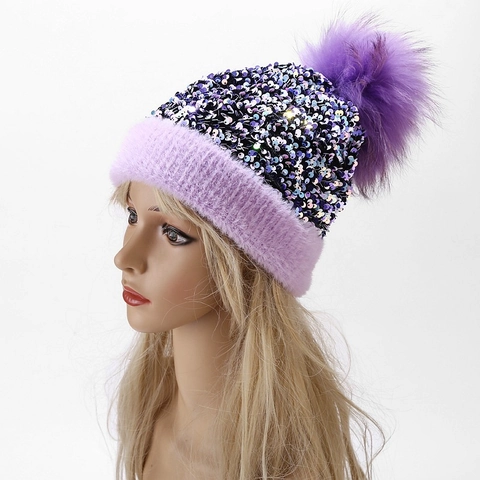 Frauen Winter Pailletten Strickmütze Mit Großem Pelzbommel Dicke Warme Outdoor Mode Beanie Mütze Für Damen Winddicht