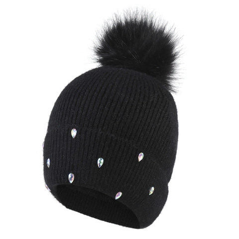 Berretto da Donna Invernale in Maglia Ispessita Con Pompon in Pelliccia Sintetica Decorato Con Strass Caldo Cappello per Donna