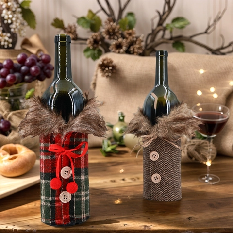 Housse de Bouteille de Vin Noël Col en Fourrure Artificielle Design Plaid Chevrons Décoration de Table Festive Fête de Noël