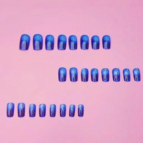Blue Gradient Press On Nails White Lightning Pattern Square Coffin Fake Nails Artificial Manicure For Women