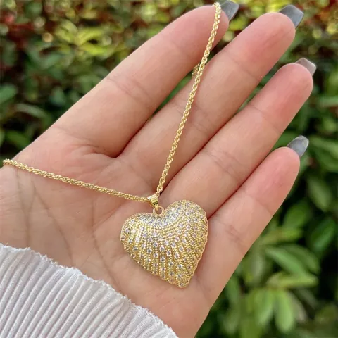Collana Con Ciondolo A Cuore Rame Placcato Oro 18K Zirconia Cubica Pavé Catena A Corda Gioielli Per Donne