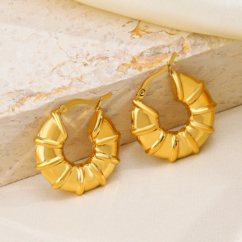 Orecchini A Cerchio Spessi Acciaio Inossidabile Placcato Oro 18K Cavo Bambù Design A Coste Vintage Stile INS Per Donne