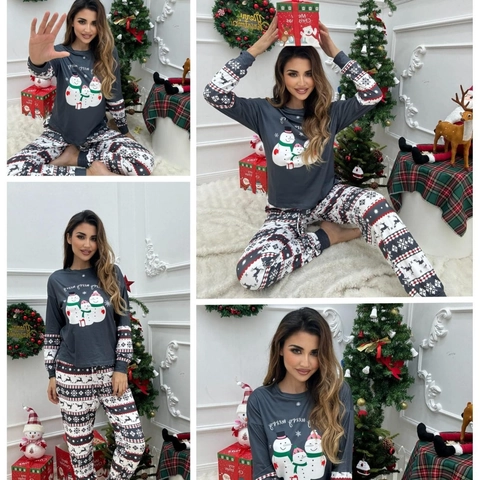 Pigiama Natalizio Famiglia Maglia Pupazzo Di Neve E Pantaloni Renna Nordica Manica Lunga Poliestere Grigio