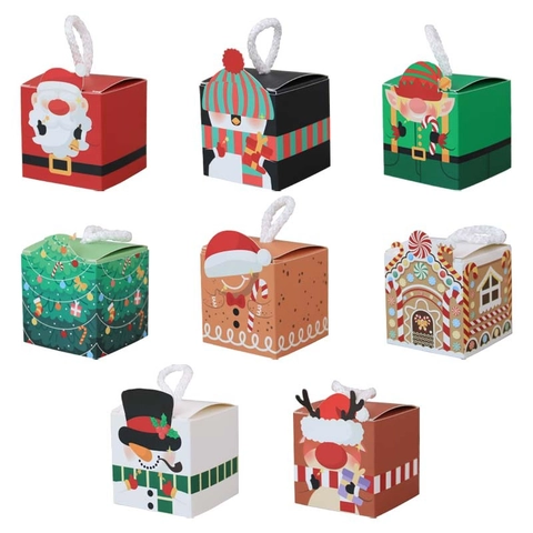 Christmas Gift Boxes Small Square Candy Box With White Rope Handles Holiday Party Favor Cardboard Treat Packaging Santa Reindeer Snowman Designs