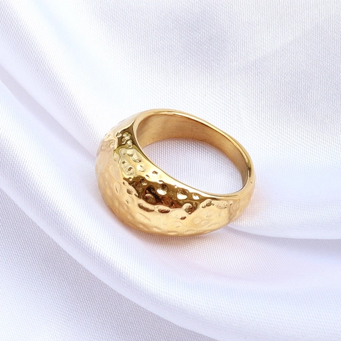 Hammered Texture Stainless Steel Ring Gold Plated Wide Band Minimalist Vintage Style Jewelry For Women