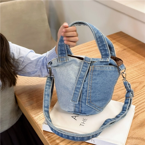 Kids Girls Denim Patchwork Bucket Bag Contrast Color Crossbody Shoulder Handbag With Adjustable Strap Retro Casual