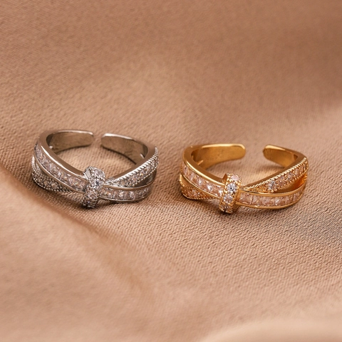 Anillo Ajustable Cruzado Cobre Con Micro Pavé De Circonita Exquisita Banda De Dedo Abierta Retorcida Joyería Para Mujer