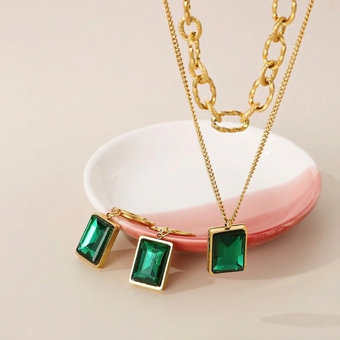 Stainless Steel Necklace And Earrings Layered Rectangular Emerald Green Glass Shell Pendant Geometric Vintage For Women