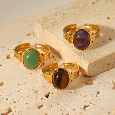 Naturstein Ring Aus Edelstahl 18 Karat Vergoldet Offen Verstellbar Ovaler Cabochon Retro Schmuck Für Damen
