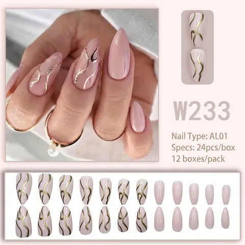 Press On Nagels Amandelvorm Nude Roze Glanzend Met Gouden Golflijnen Kunstnagels Van Plastic Afneembaar