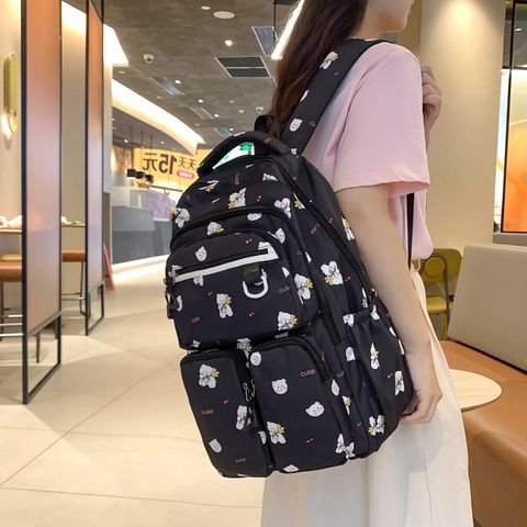 Kids Backpack For Girls Nylon Waterproof Schoolbag Large Capacity Cute Bear Print Japanese Style Student Casual Bag