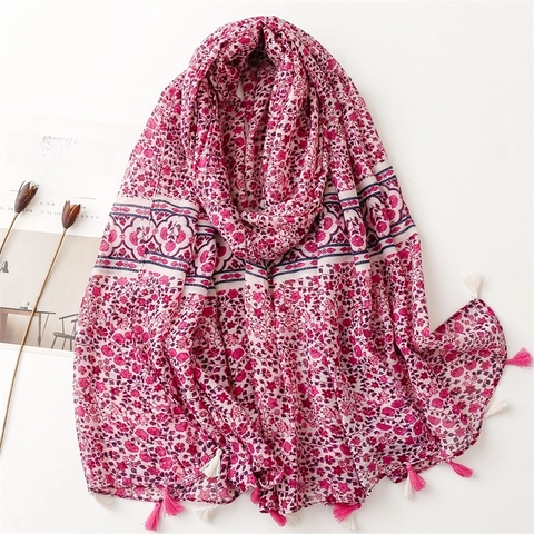 Sciarpa Con Stampa Floreale Da Donna Con Nappe Rosa Rosso Voile Scialle Da Spiaggia Protezione Solare Avvolgente Morbido