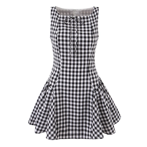 Women Sleeveless Gingham Mini Dress Cotton Polyester Blend Round Neck Bow Tie Back Zipper Summer Casual Lolita Style