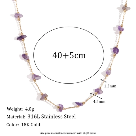 Ensemble Collier et Bracelet Simple en Acier Inoxydable 316L Plaqué Or 18K avec Pierres Concassées d'Améthyste pour Femme Bijoux en Pierre Naturelle